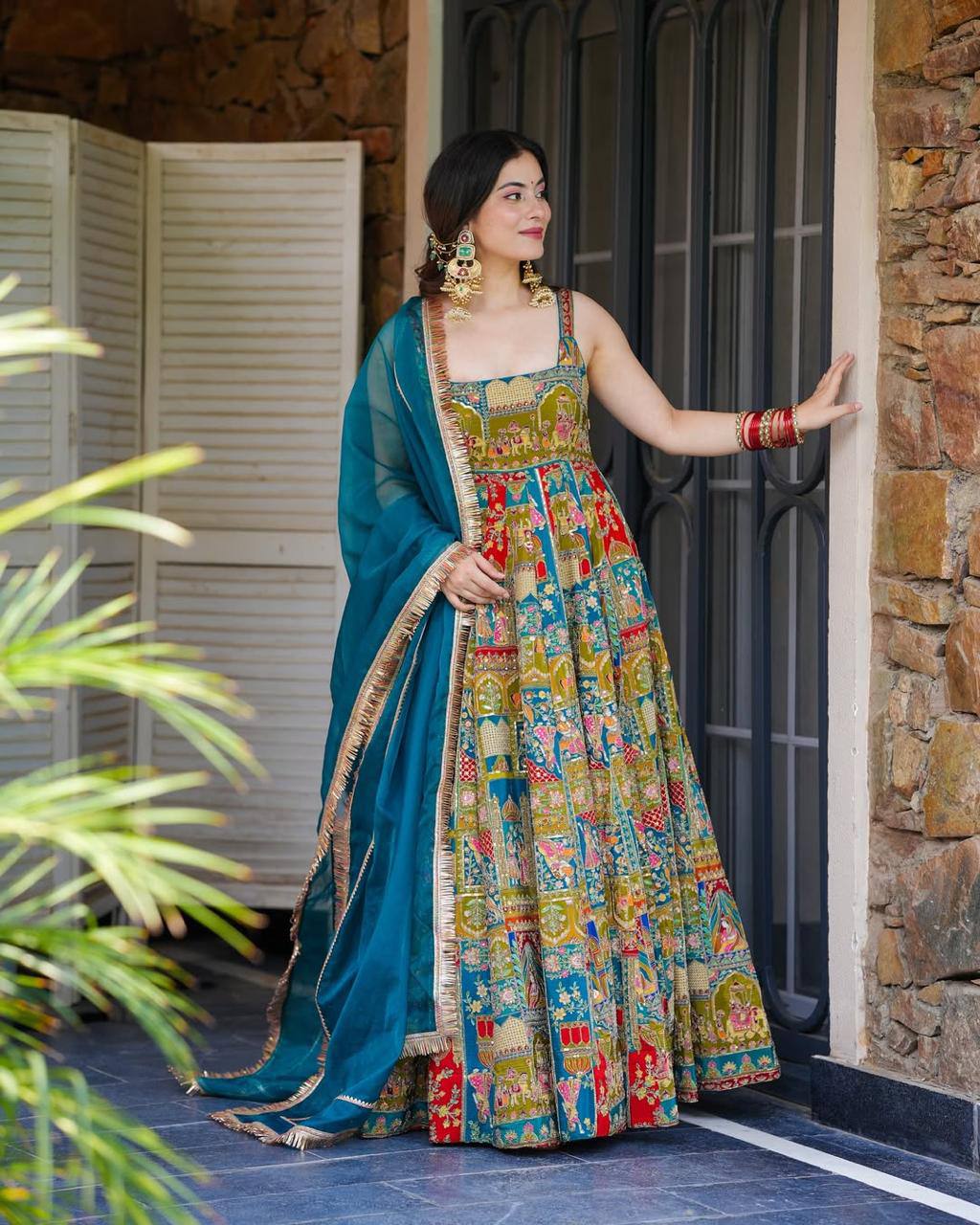 Blue Color Digital Printed Organza Gown