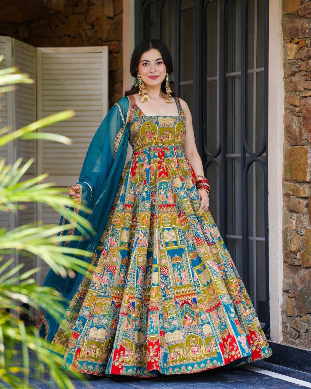 Blue Color Digital Printed Organza Gown