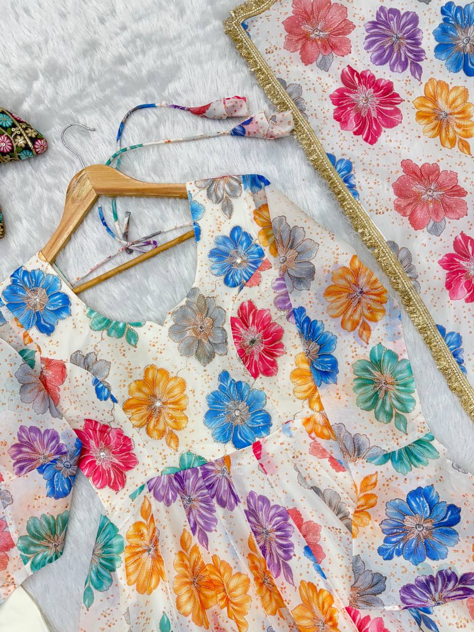 Printed Organza Yoke Embroidery Work Gown
