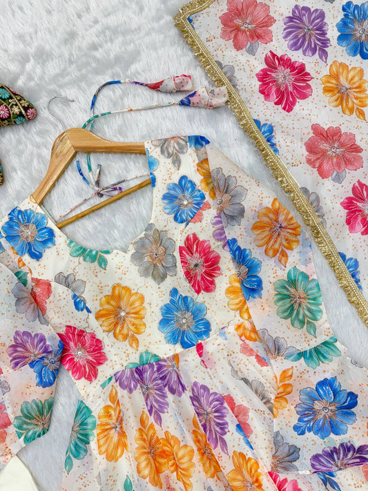 Printed Organza Yoke Embroidery Work Gown