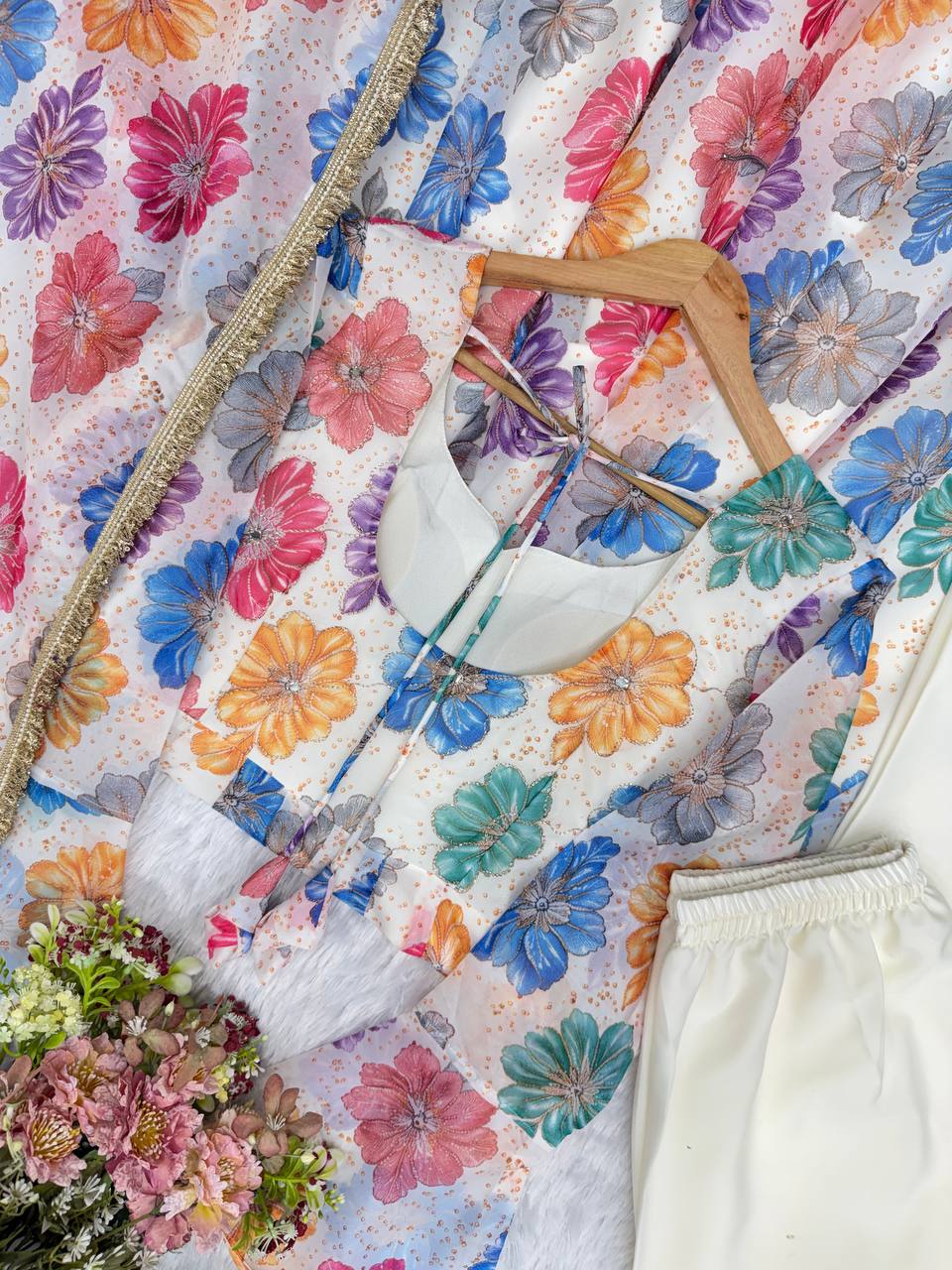 Printed Organza Yoke Embroidery Work Gown