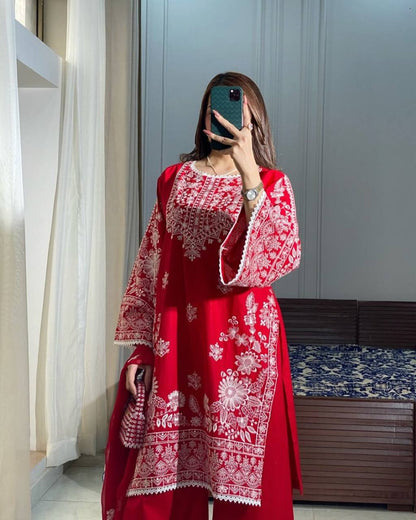 Red Color Roman Silk With Embroidry Work Top Sharara