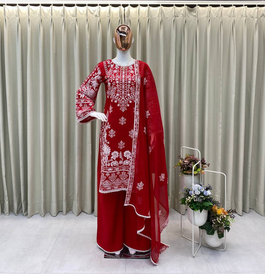 Red Color Roman Silk With Embroidry Work Top Sharara