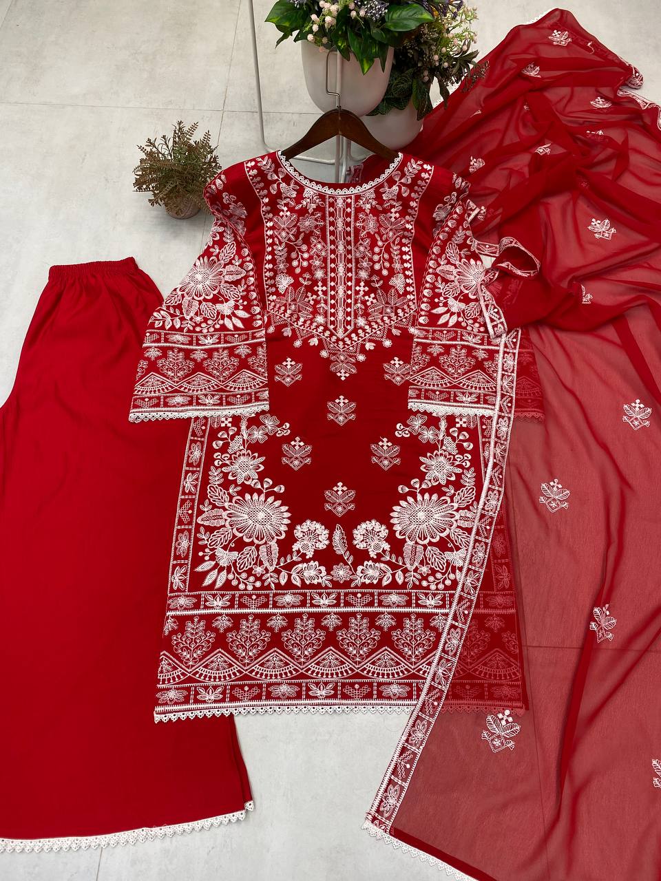 Red Color Roman Silk With Embroidry Work Top Sharara