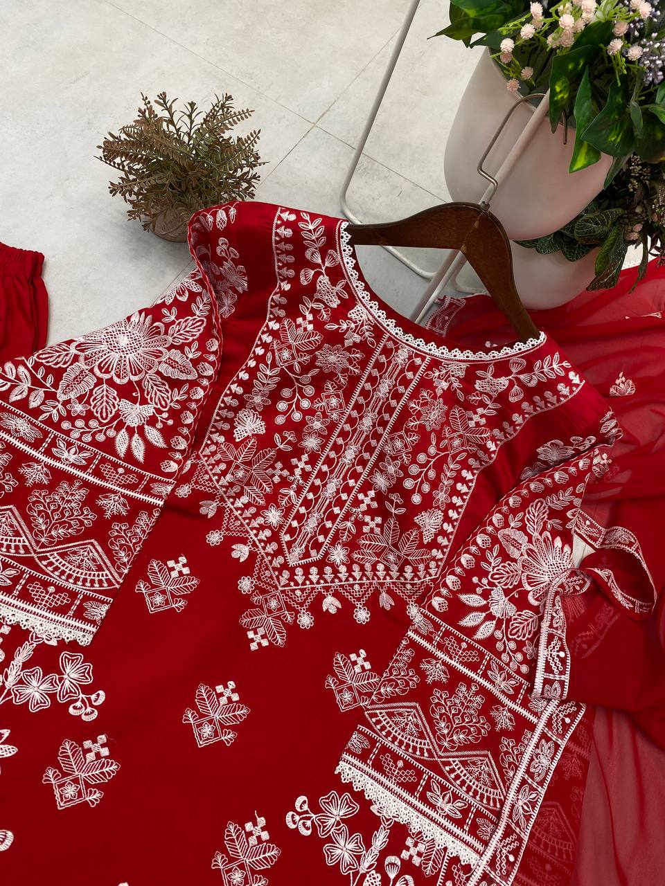 Red Color Roman Silk With Embroidry Work Top Sharara