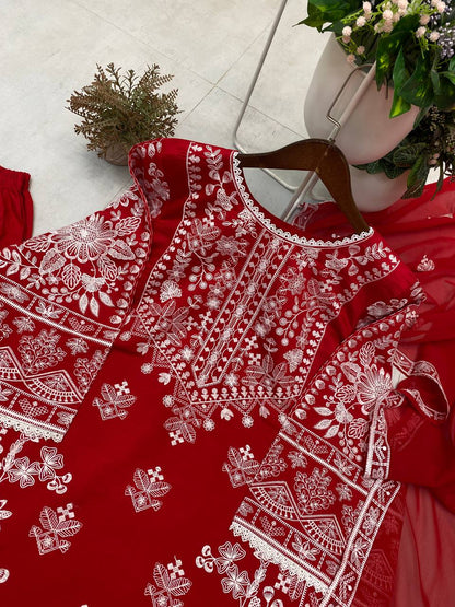 Red Color Roman Silk With Embroidry Work Top Sharara
