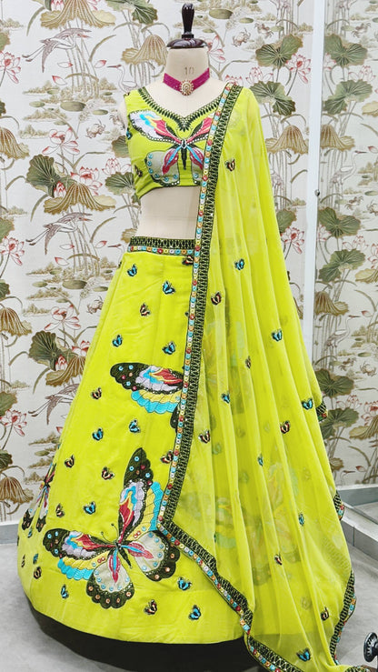 Green Color Butterfly Design Sequence Work Lehenga