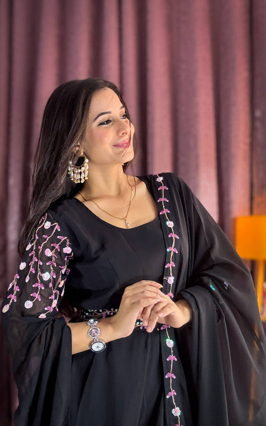 Black Color Georgette Sequience Dori Work Gown