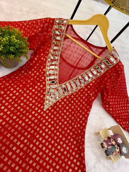 Beautifull Georgette Fabric With Embroidery Real Mirror Work Kurti