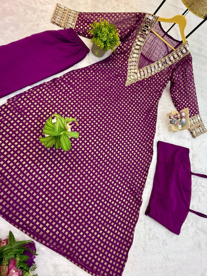 Beautifull Georgette Fabric With Embroidery Real Mirror Work Kurti