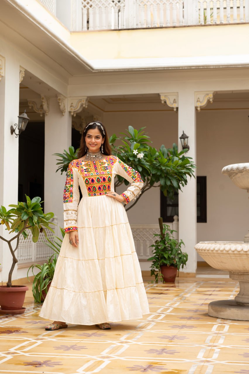 Kora Cotton Kutchi Gamthi Mirror Work Gown