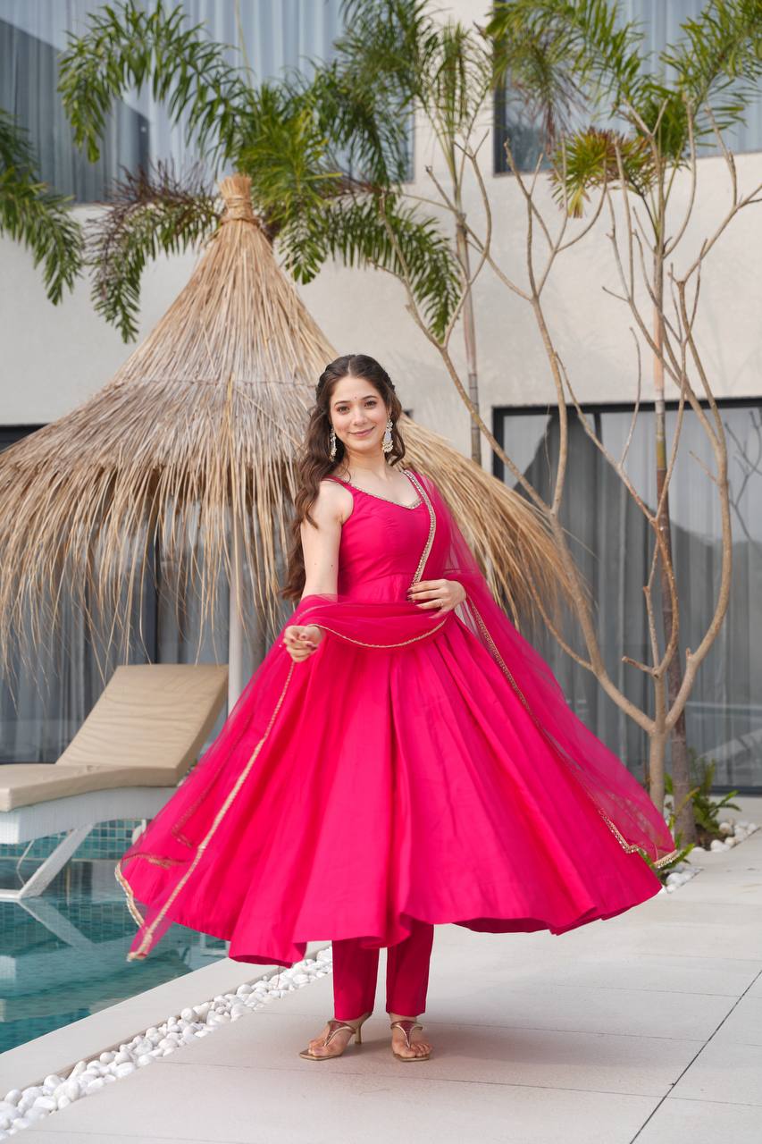 Rani PInk Color Yoke Fancy Lace Work Anarkali