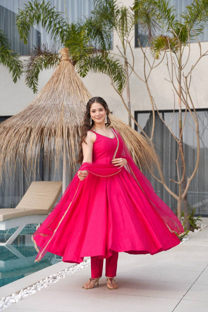 Rani PInk Color Yoke Fancy Lace Work Anarkali