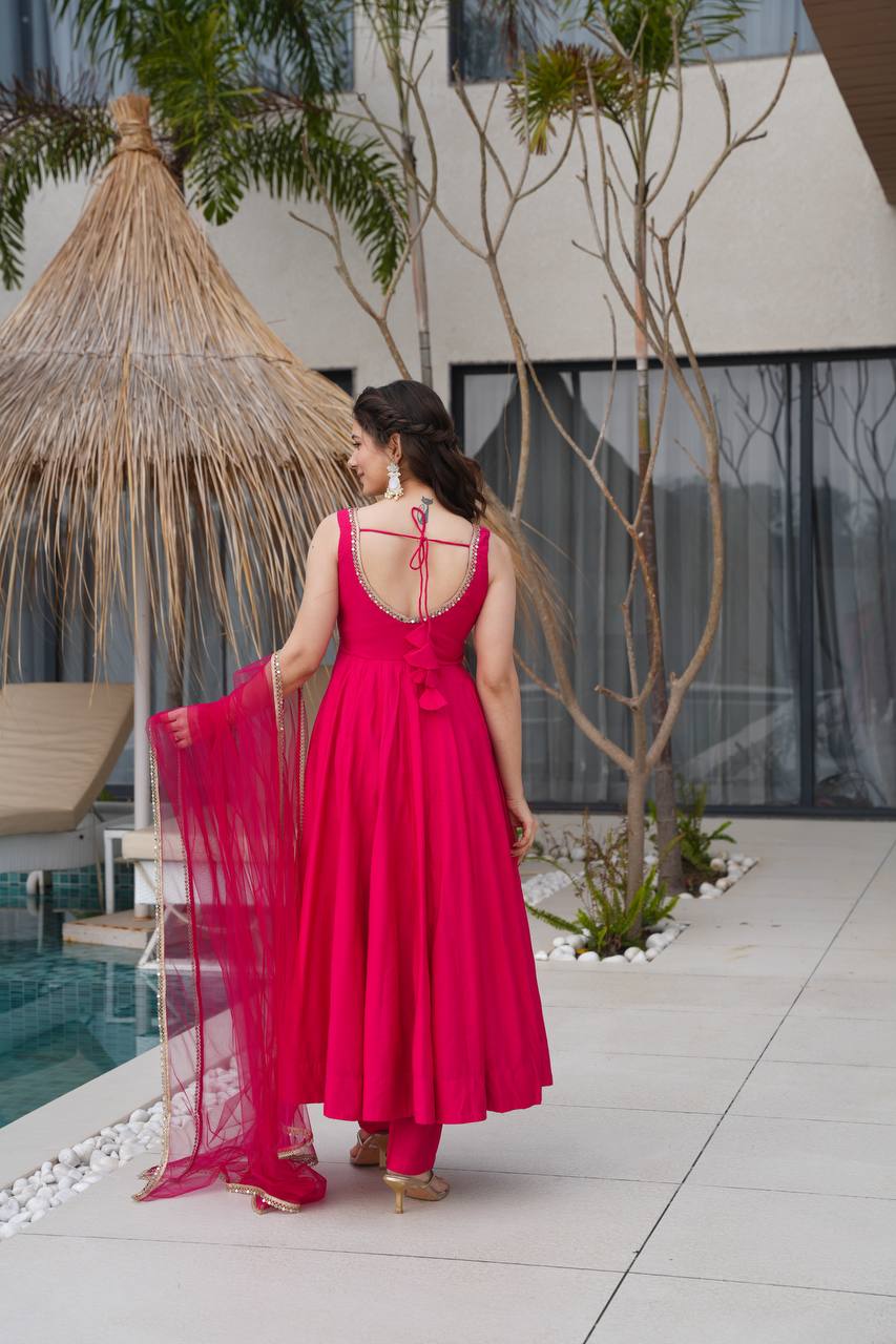 Rani PInk Color Yoke Fancy Lace Work Anarkali