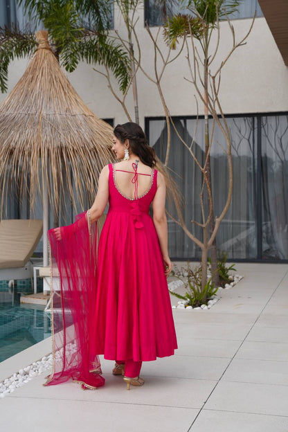 Rani PInk Color Yoke Fancy Lace Work Anarkali