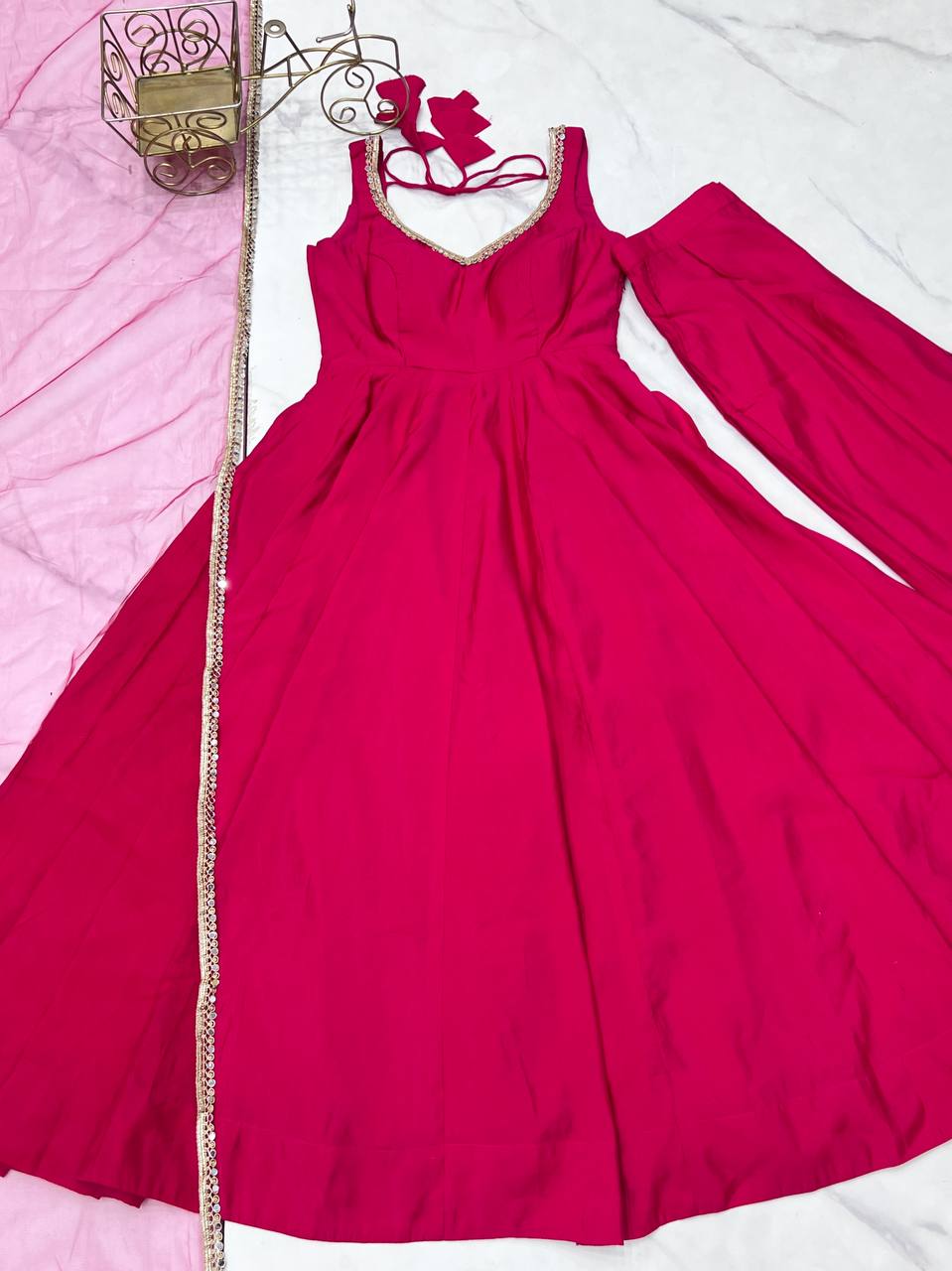 Rani PInk Color Yoke Fancy Lace Work Anarkali