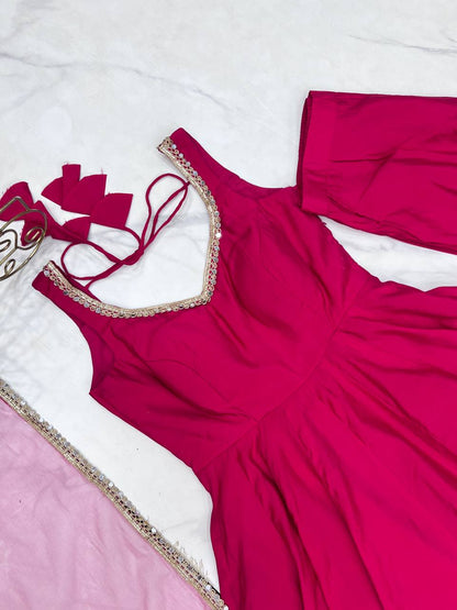 Rani PInk Color Yoke Fancy Lace Work Anarkali