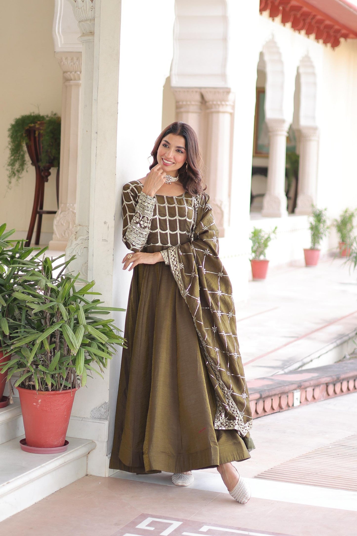 Vichitra Sequins Zari Embroidered Gown Suit Set