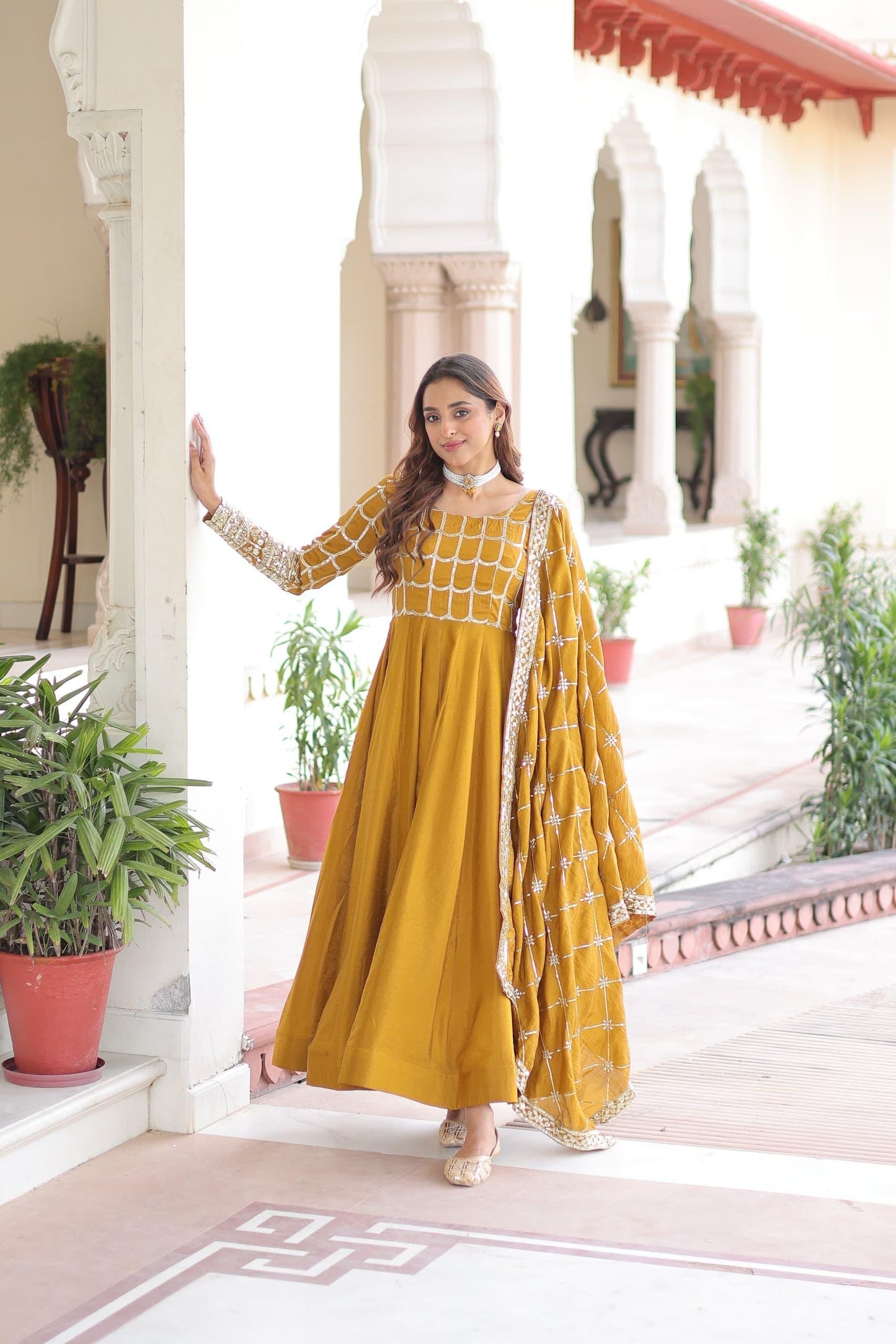 Vichitra Sequins Zari Embroidered Gown Suit Set