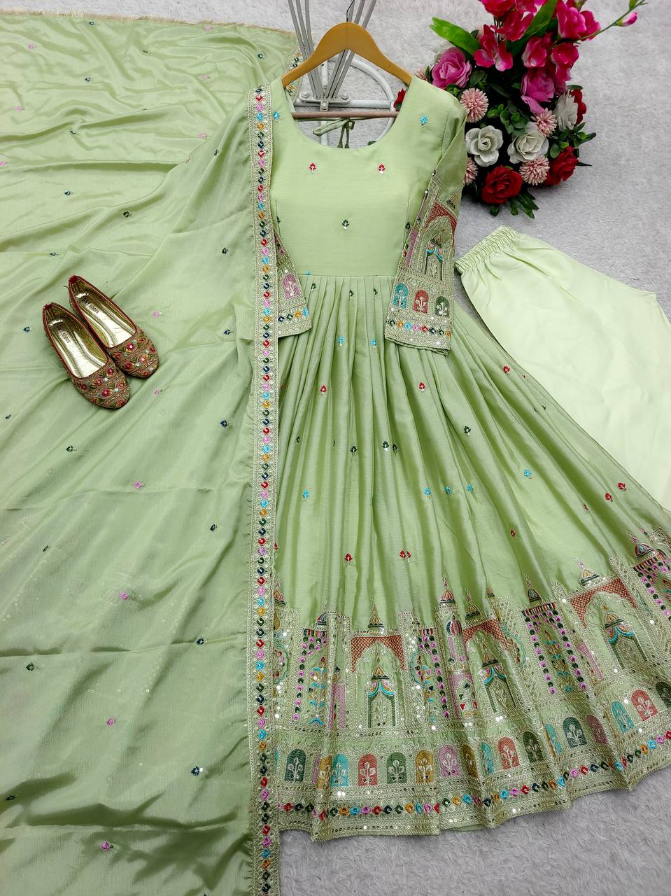 Red Color Coding Dori Work With Chinon Silk Gown