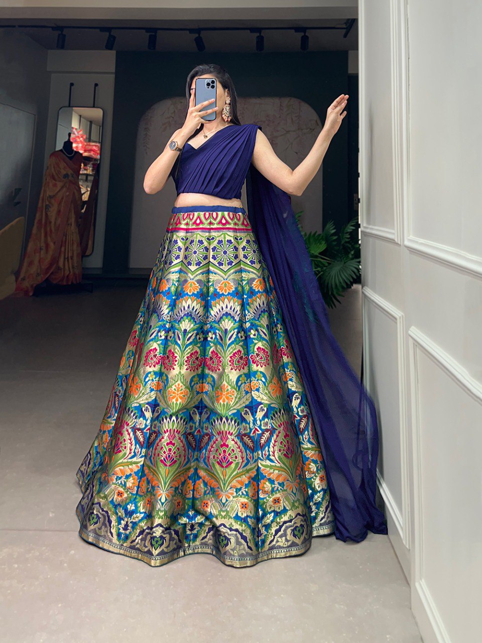 PEACOCK WORK BANARASI SILK ZARI WEAVING LEHENGA CHOLI