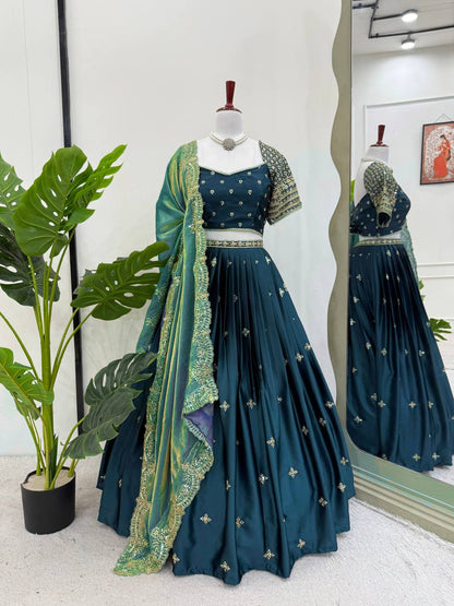 Japan Satin Thread With Sequene Work With Canvas Pata Lehenga
