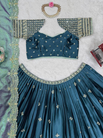 Japan Satin Thread With Sequene Work With Canvas Pata Lehenga