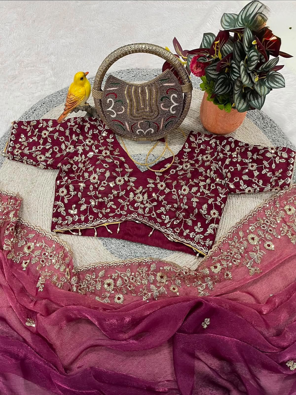 Two Tone Fandy Chiffon Embroidered Saree