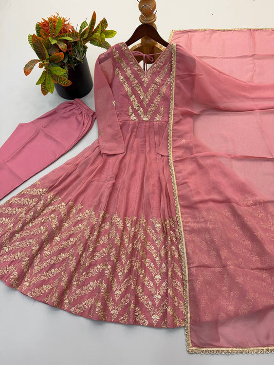 Crunchy Silk Embroidery Sequence Work Gown