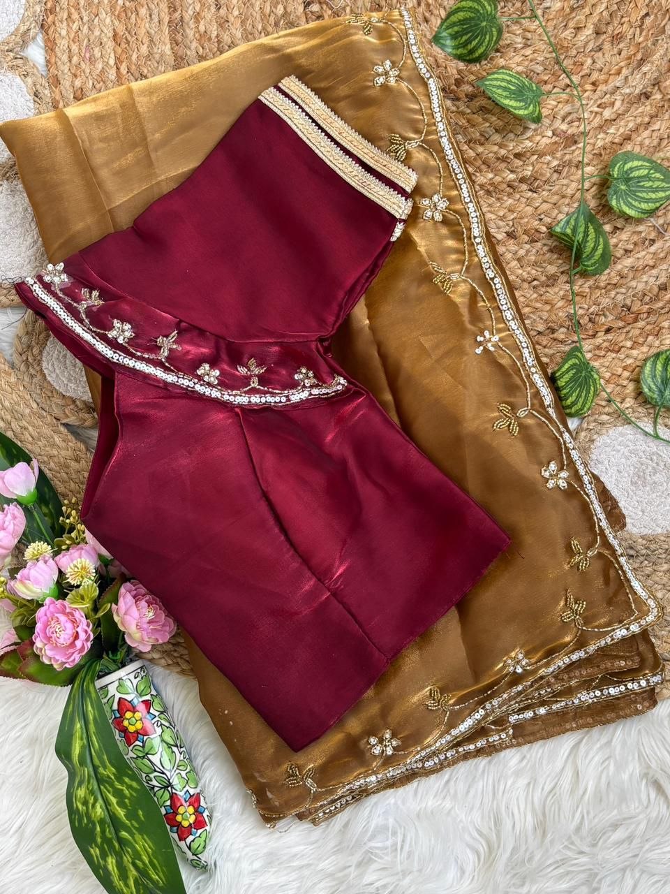 Beautifull Rimzim Silk With Beautifull Hand Work Saree