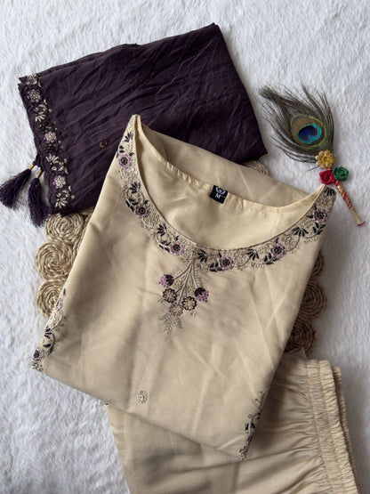 Cream Color Premium Roamn Silk With Embroidery Work Top Pent