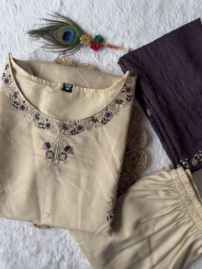 Cream Color Premium Roamn Silk With Embroidery Work Top Pent