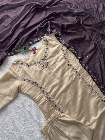 Cream Color Premium Roamn Silk With Embroidery Work Top Pent