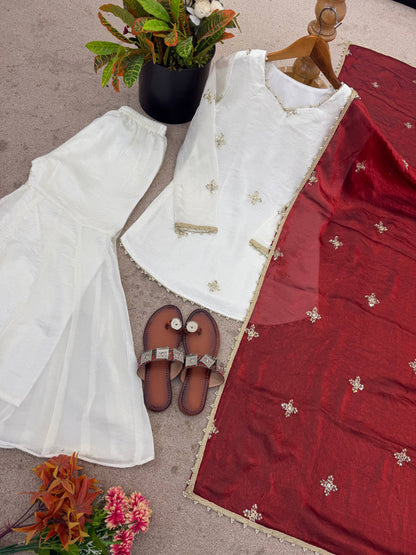 Beautiful Soft Fendy Silk With Embroidery Sequence Work Sharara Suit