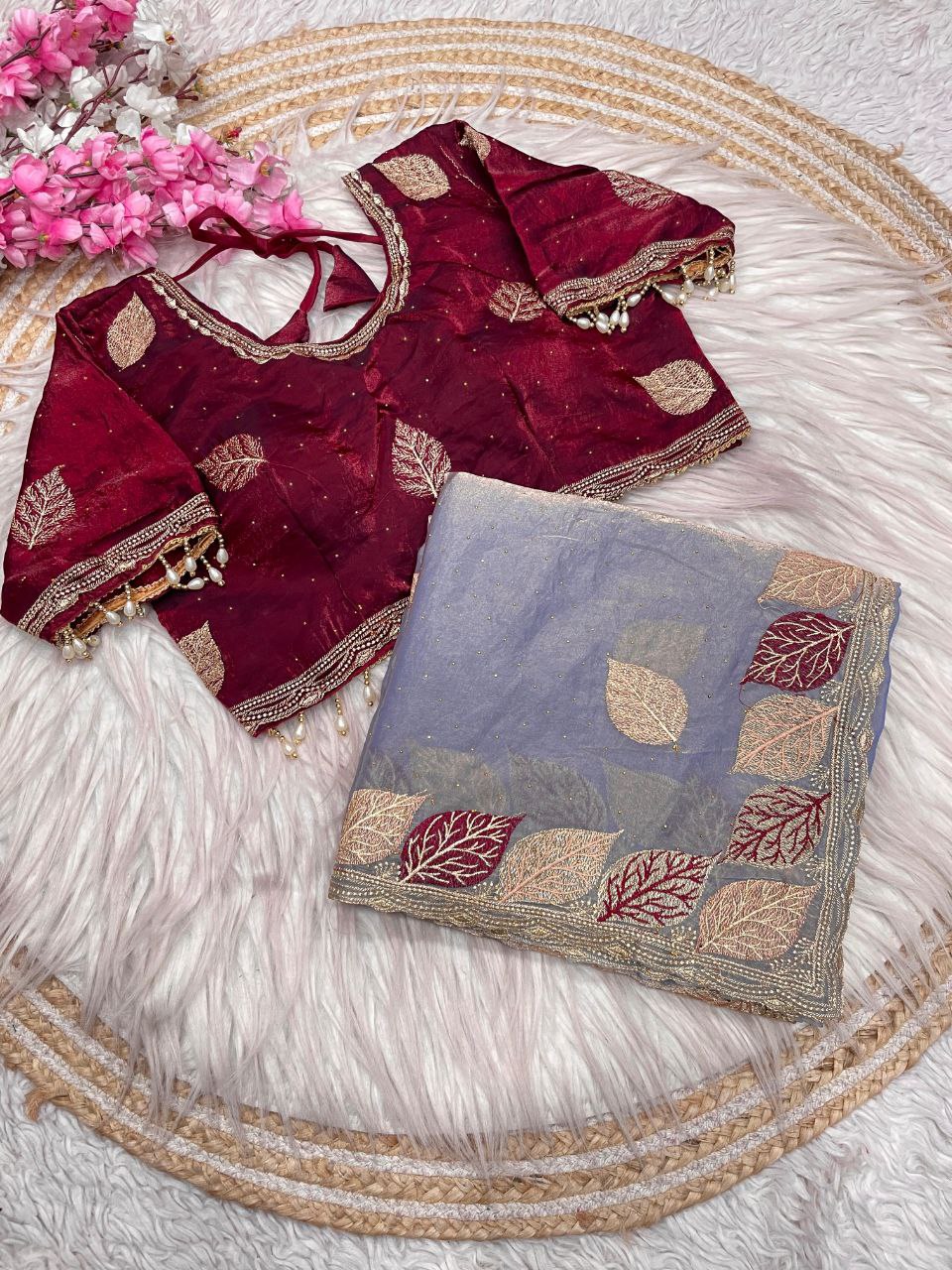 C Pallu With Multi Embroidery Work Saree