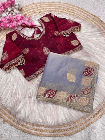 C Pallu With Multi Embroidery Work Saree