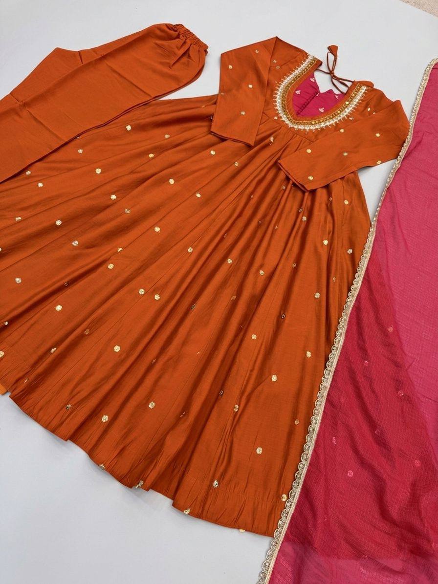 Roman Silk Embroidery Sequence & Real Mirror Work Gown