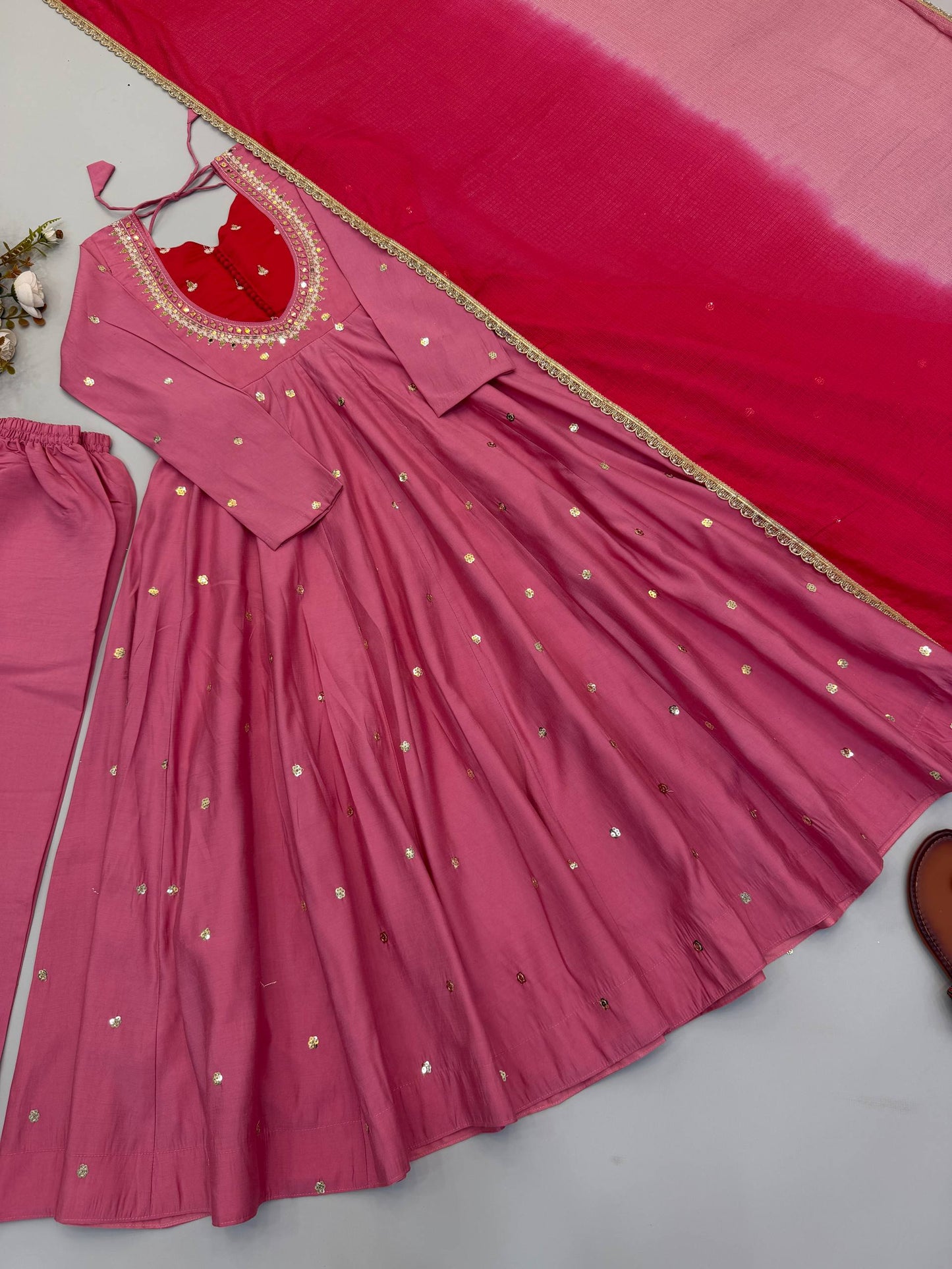 Roman Silk Embroidery Sequence & Real Mirror Work Gown