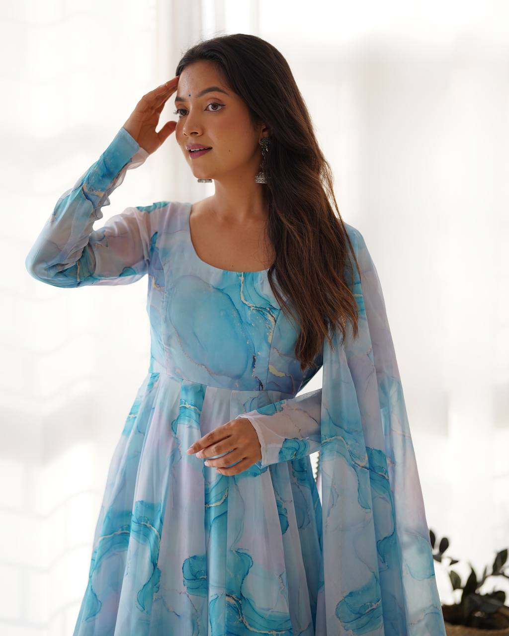 Sky Coclor Micro Cotton Silk Marble Work Anarkali