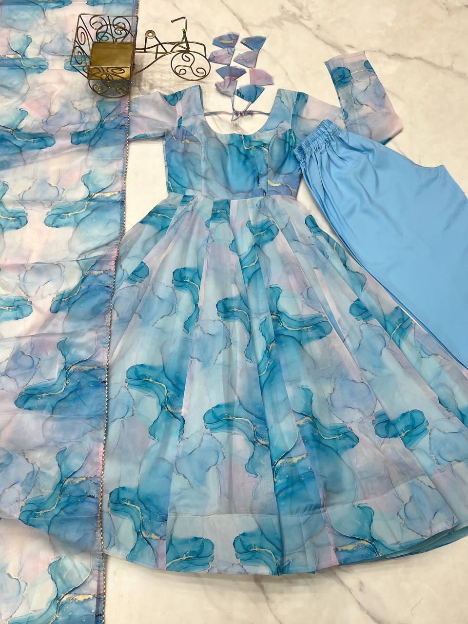Sky Coclor Micro Cotton Silk Marble Work Anarkali