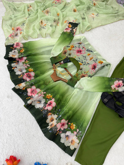 Green Color Organza Taby Silk With Digital Print Work Gown