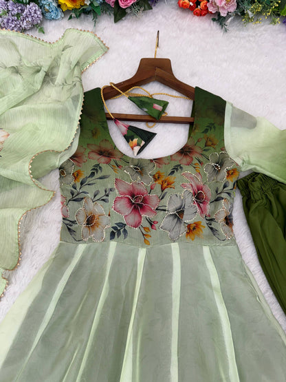 Green Color Organza Taby Silk With Digital Print Work Gown