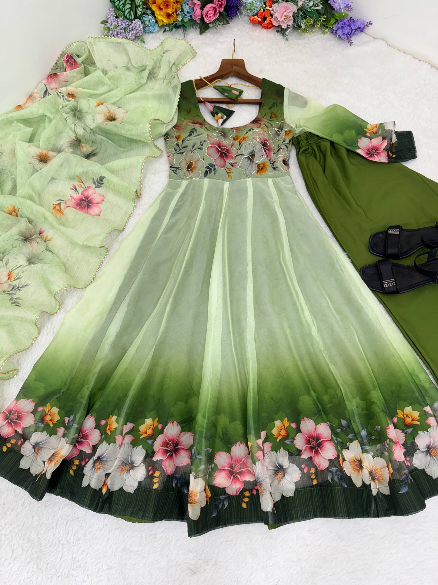 Green Color Organza Taby Silk With Digital Print Work Gown