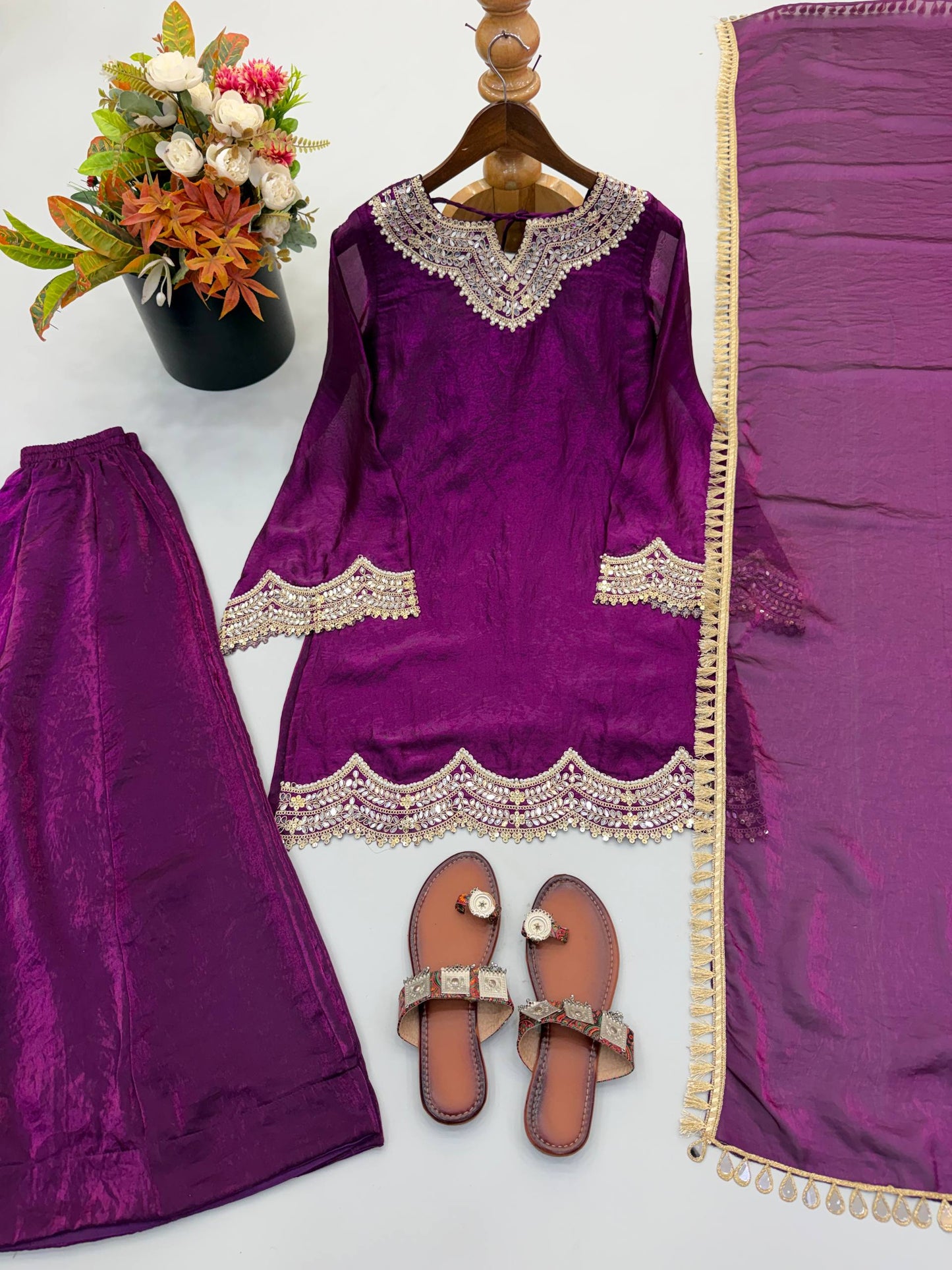 Fendy Silk Embroidery Codding & Real Mirror Work Top Bottom