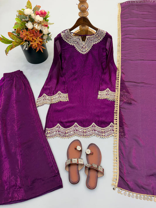 Fendy Silk Embroidery Codding & Real Mirror Work Top Bottom