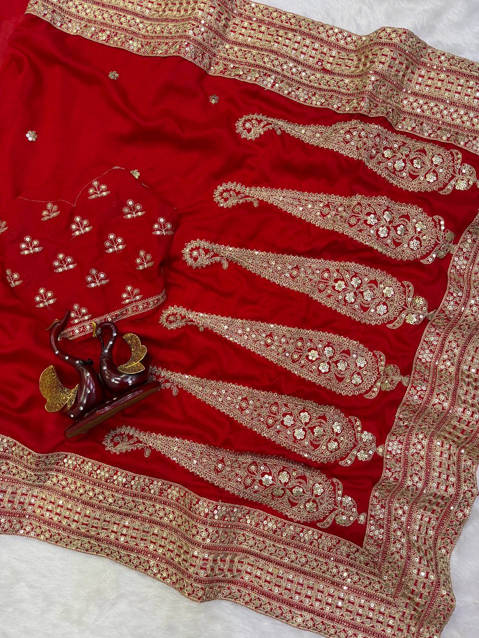 Blooming Vichitra Silk Embroidered Saree Set