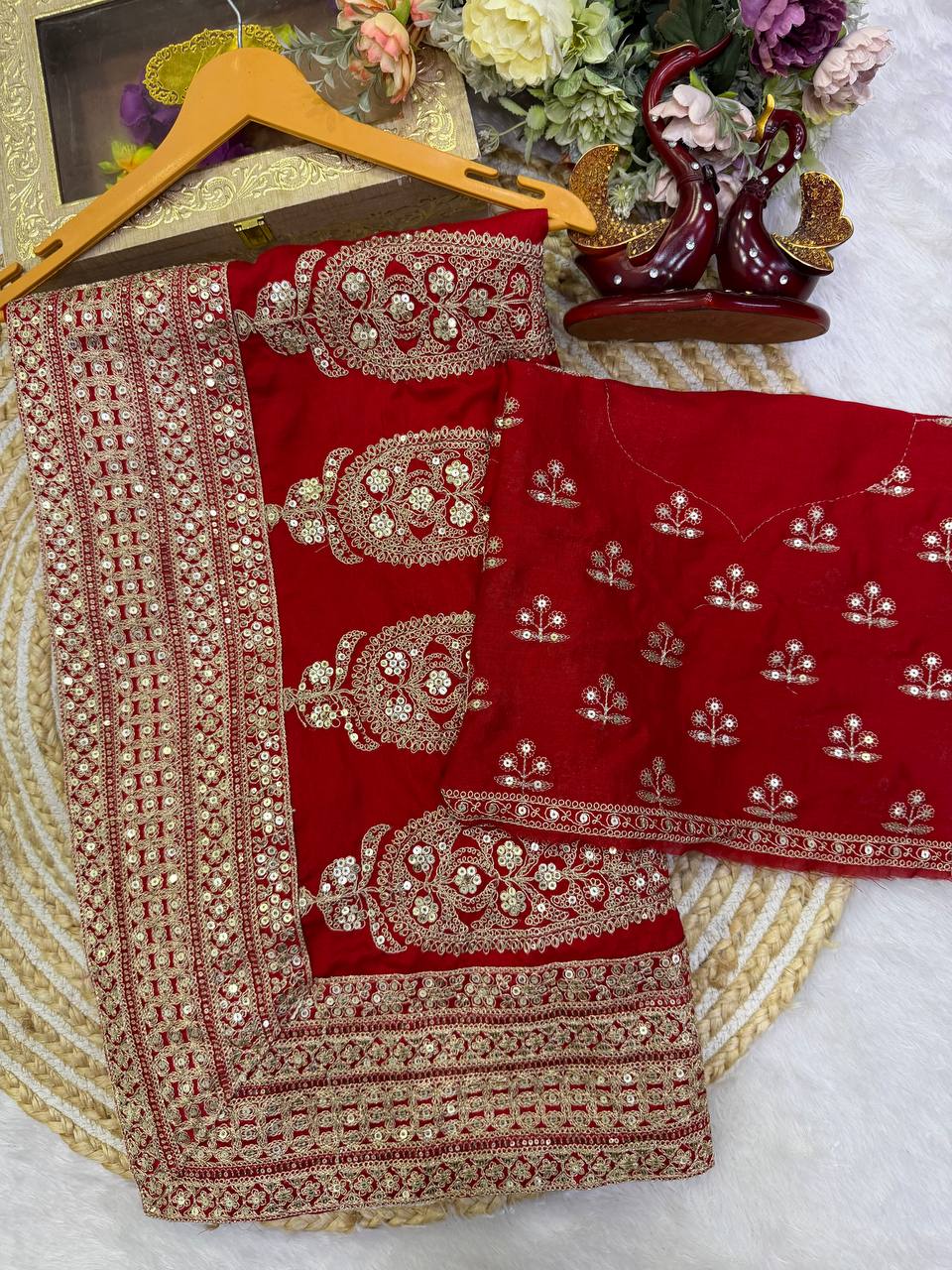 Blooming Vichitra Silk Embroidered Saree Set