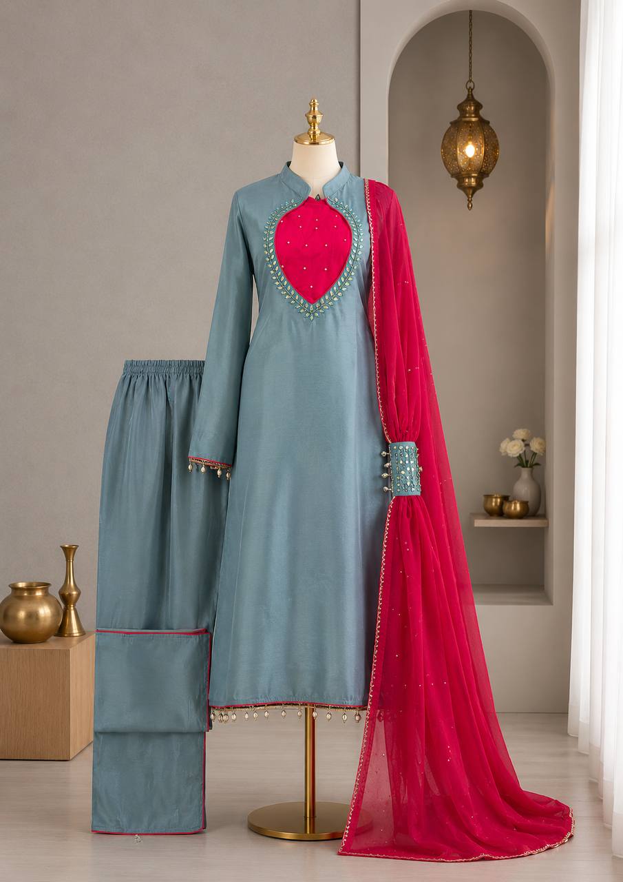 Beautiful Elegant Look Heavy Mirror Work & Roman Glass Silk Plazzo Set