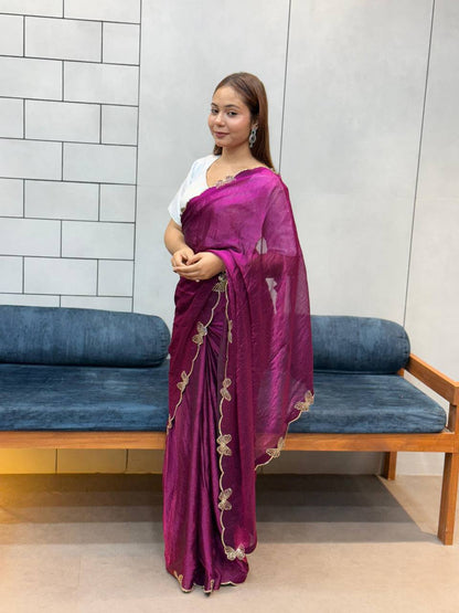 Rich Space Silk With Daimond Butterfly Work Saree