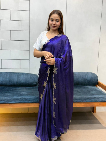 Rich Space Silk With Daimond Butterfly Work Saree